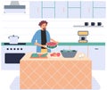 People cooking vegetarian food. Vector illustration. Father preparing dinner on big stove