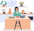 People cooking vegetarian food. Vector illustration. Chef cooks preparing food cook hands on the kitchen table