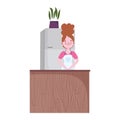 People cooking, woman with fridge potted plant and counter in the kitchen