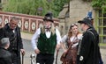 People in costume in the street at the annual hebden bridge steampunk weekend