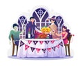 People in costumes have dinner on the table on Halloween night. Happy Halloween Party Celebration. Vector illustration