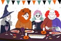 people costumes having halloween dinner vector design