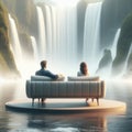 People on the couch among the waterfalls. Royalty Free Stock Photo