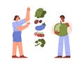 People counting calorie vector illustration, cartoon quality analysis tracking for organic and diet products, vegetables