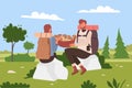 People couple hike, holding bucket of mushrooms, hikers with backpacks have fun together