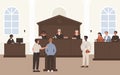 People in Court vector illustration, cartoon flat advocate barrister and accused character standing in front of judge