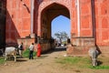 People and cows in front of Suraj Pol, Jaipur, India. Royalty Free Stock Photo