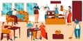 People in cozy cafe, bakery with fresh bread and coffee, pastry shop service, vector illustration