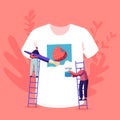 People Create Handmade Apparel Design. Tshirt Print, Diy Hobby Workshop Concept. Tiny Male and Female Characters