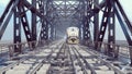 People cross a railway bridge on a cloudy summer morning when a passenger train passes by. 3D Rendering