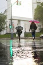People cross the road at a pedestrian crossing with umbrellas in the rain