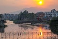 Sunset and polluted river