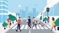 People crossing road vector illustration. Cartoon flat pedestrian character walking on zebra roadway crosswalk at