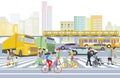 People on the crosswalk and road and rail traffic, illustration