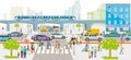 People on the crosswalk and road and rail traffic, illustration