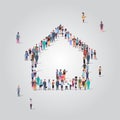 People crowd gathering in home icon shape social media community house building concept different occupation employees