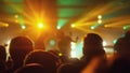 People crowd partying at rock concert in a night club.