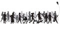 People crowd silhouette. Group of person with shadows walk. Family and children, couple together, bicycle vector