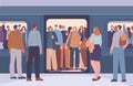 People crowd in subway train. Public transportation peak hours, passengers on metro platform and in railway overcrowded Royalty Free Stock Photo