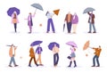 People crowd with umbrellas walking under rain. Flat female in raincoat, couple walk in rainy day. Autumn cartoon kicky Royalty Free Stock Photo