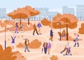 People crowd walking in city park. Autumn outdoor time, couple woman and men on urban nature. Flat cartoon positive Royalty Free Stock Photo