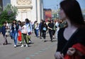 People crowds enter Gorky park in Moscow to celebrate Victory Day.