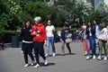 People crowds enter Gorky park in Moscow to celebrate Victory Day.