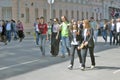 People crowds walk on the street. Victory Day celebration in Moscow.