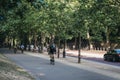 People cycling on a cycle highway in London, UK, in summer, motion blur Royalty Free Stock Photo