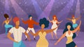 People dance floor. Happy women and men dancing on disco party. Cartoon dancers in nightclub concert. Music fun night in Royalty Free Stock Photo