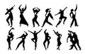 People dance silhouettes. Party person shadows. Disco crowd dancers. Happy man and woman black figures. Music concert Royalty Free Stock Photo