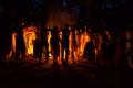 People are dancing around the fire on the feast of Ivan Kupala. Ancient Slavonic custom.