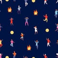 People dancing at night. Party pattern on nature, fire and happy boy girl. Camp evening vector seamless texture Royalty Free Stock Photo