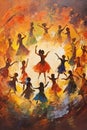 People dancing round dance. Style of impressionism and oil painting. Metaphorical associative card on theme of fun