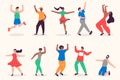 People dancing set in flat design. Men and women dance to music at disco, dancers at party, performance and entertainment. Bundle