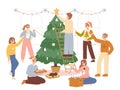 People decorate christmas tree at home, friends company prepare xmas znd new year party. Young adults, teengers or