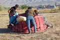 People are deflating the hot air balloon after the flyght over Cappadocia, Turkey