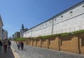 People descend along the old fortress wall to the lower part of the Kiev-Pechersk Lavra