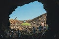 People descend into a Cave Cueva de los Verdes, volcanic cave in Lanzarote