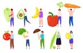 People diet, vegetables and fruits. Men and women hold huge healthy food, eco vegan logo, vegetarian characters, farm