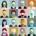 People of different age and ethnicity wearing surgical disposable breathing masks. Coronavirus Covid-19 people icons set.