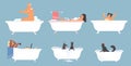 People of different age and pet domestic animals taking bath set