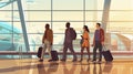 Illustration of people from different ethnic origin pulling handluggage, , airport terminal, travel theme, international airport