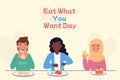 People of different nationalities eat unhealthy food. Eat what you want day