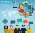 People of different occupations with infographics elements. Professions icons set. Business template for international