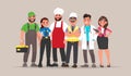 People of different professions. Builder, female police officer, cook, engineer, doctor and teacher