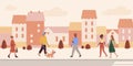 People of different races are walking down the street. People on the background of the street with houses. Royalty Free Stock Photo