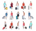 People with different suitcases on background, collage