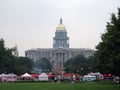 People dine at Food Truck at Civic Center with capitol building Royalty Free Stock Photo