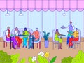 People dining in cafe, cartoon characters in restaurant, friends eating lunch together, vector illustration Royalty Free Stock Photo